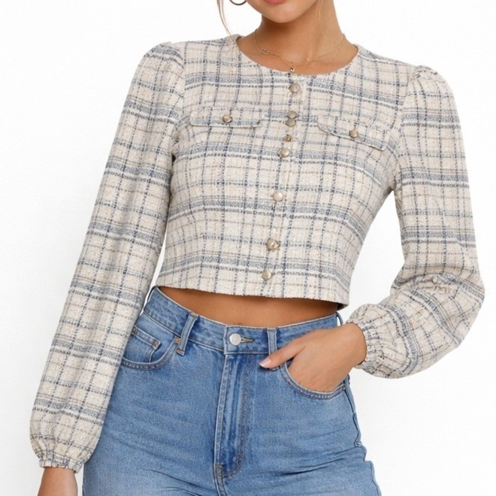 Central Park West Tweed Jacket Women L Cream Black Plaid Metallic Puff Sleeve